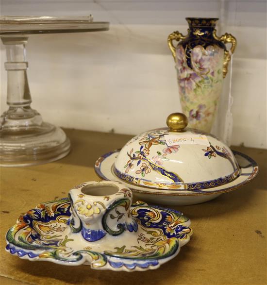 Copeland and Garrett tobacco leaf muffin dish and cover, Royal Bonn vase and a faience inkwell